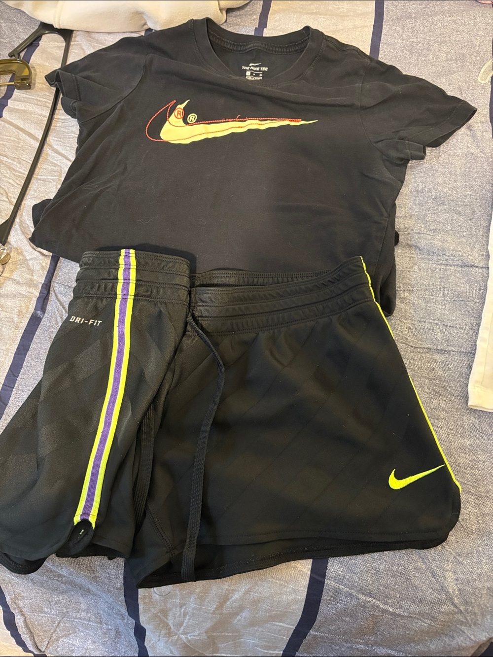 Nike Black Tee and Shorts Set with Yellow and Purple Accents